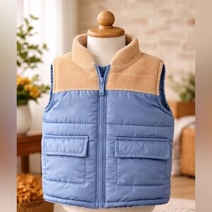 Tahari Baby Puffer Vest Blue Corduroy Yoke 12M Toddler Zip Pockets Winter